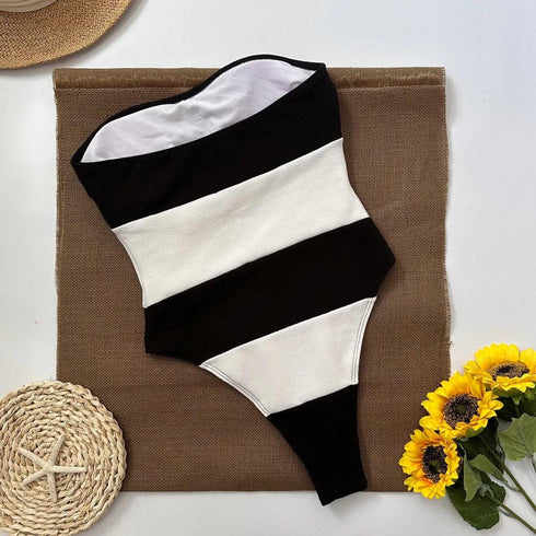 Stripe Strapless One Piece Swimsuit